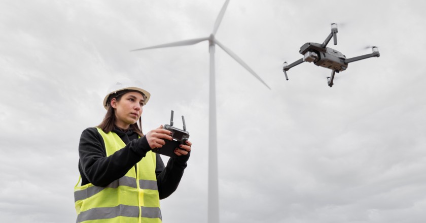 Geodeta wykonująca inspekcję dronem