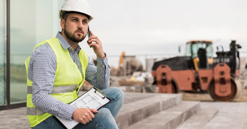 Geodeta z telefonem w ręku, kontaktujący się z firmą