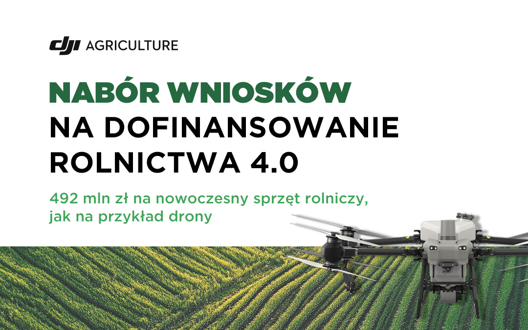 Dron rolniczy DJI Agriculture i tytuł artykułu.