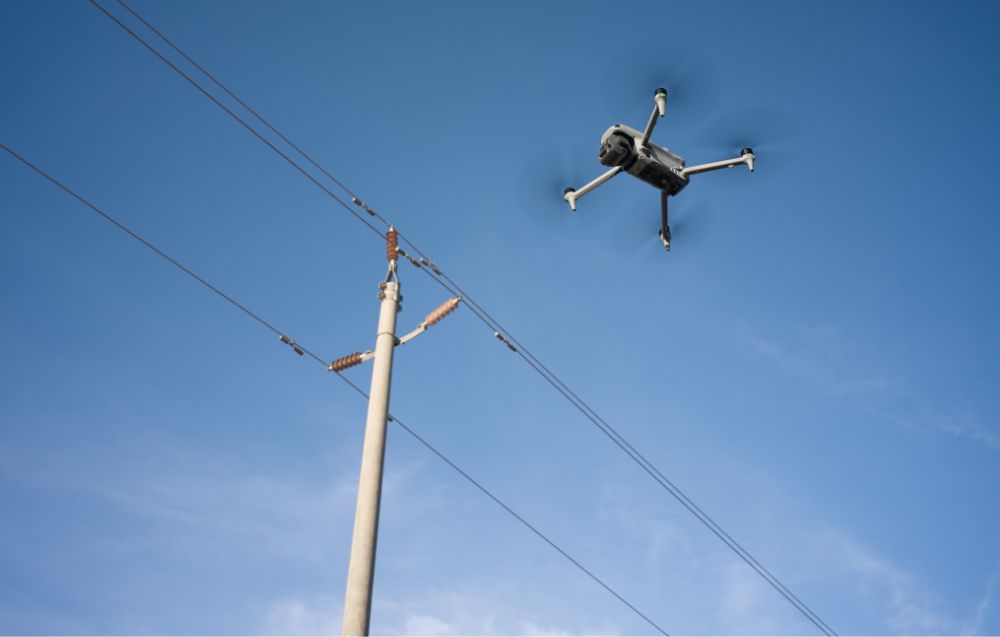 DJI Matrice 4 w locie nad linią energetyczną.